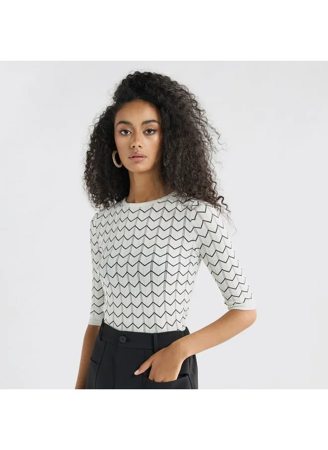 FAV Textured Sweater with Round Neck and 3/4 Sleeves