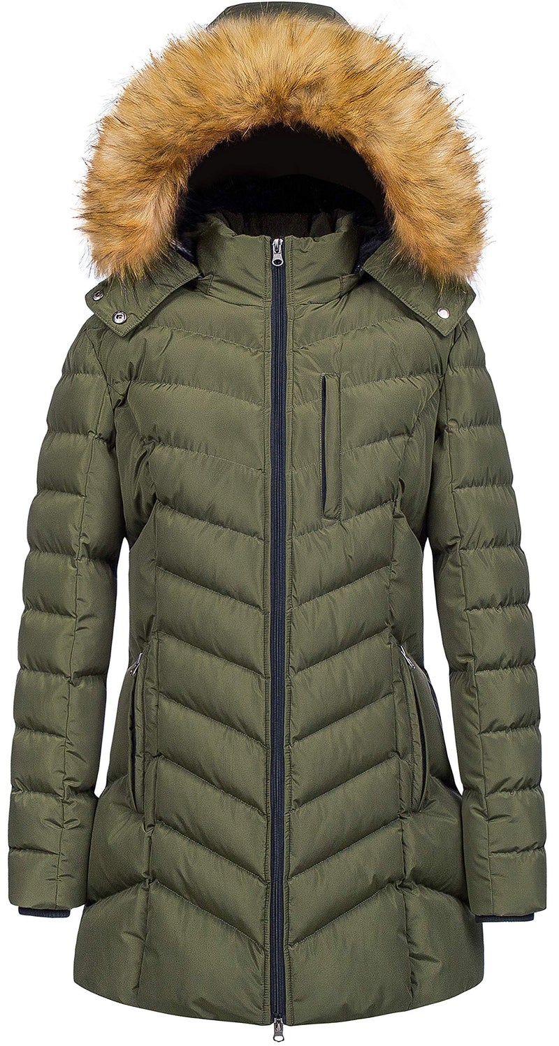 CREATMO US Womens Quilted Winter Coat Warm Puffer Jacket Thicken Parka with Removable Hood Army Green L