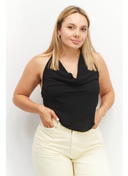 Women Halter Neckline Sleeveless Plain Crop Top, Black