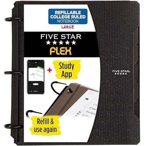 Five Star Flex Refillable Notebook Study App College Ruled Paper and 1 Inch TechLock Ring Binder with Pockets Tabs and Dividers 200 Sheet Capacity Black 29328AA2