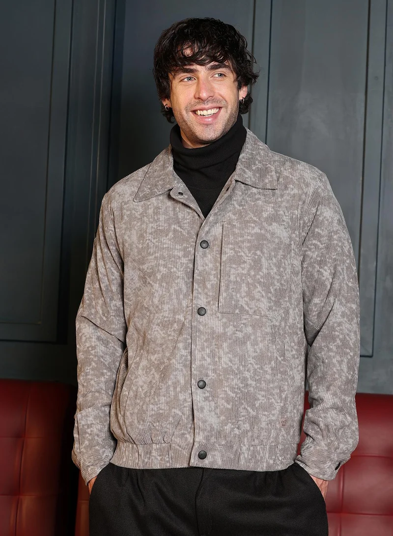 Campus Sutra Men Faded-Corduroy Utility Bomber Jacket | Point Collar, Long Button-Cuff Sleeves | Snap Button , Stretch-Straight Hem | Abstract Print Woven Fabric For Casual & Daily Wear | Grey