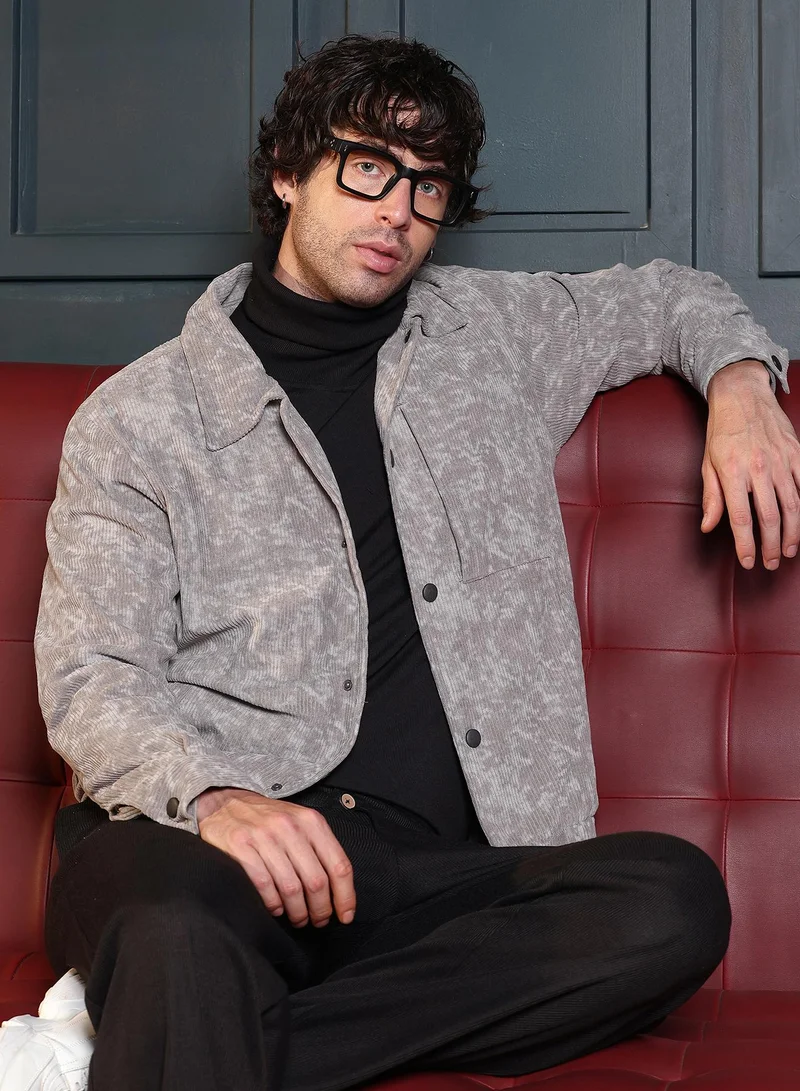 Campus Sutra Men Faded-Corduroy Utility Bomber Jacket | Point Collar, Long Button-Cuff Sleeves | Snap Button , Stretch-Straight Hem | Abstract Print Woven Fabric For Casual & Daily Wear | Grey