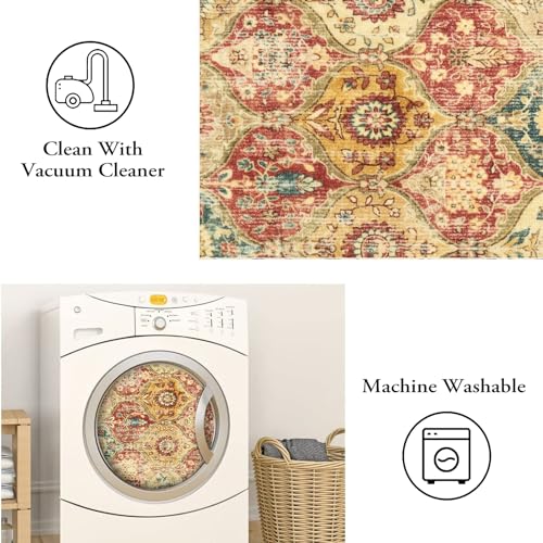 La Home Lahome Moroccan Trellis Washable Round Area Rug, Round Rug 5ft Soft Non-Slip, Non-Shedding Distressed Circle Carpet for Bedroom Living Room Bathroom Nursery Kitchen, Red/Orange - Image 3