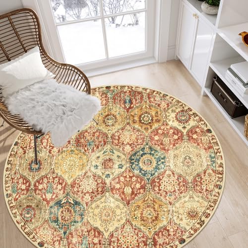 La Home Lahome Moroccan Trellis Washable Round Area Rug, Round Rug 5ft Soft Non-Slip, Non-Shedding Distressed Circle Carpet for Bedroom Living Room Bathroom Nursery Kitchen, Red/Orange - Image 1