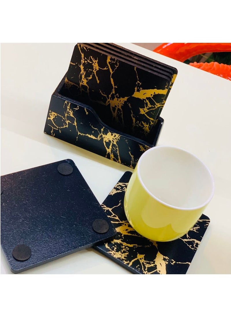 FFD Elegant 100% Wooden Coasters Set of 6 - Marble-Shaped Drink Protectors for Coffee, Mugs, & Glasses with Stylish Holder (Black) - Perfect Dining Table & Party Accessories!"  - Image 4