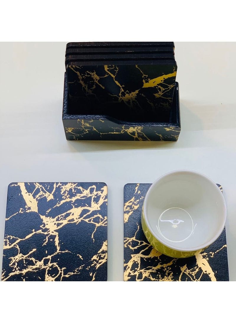 FFD Elegant 100% Wooden Coasters Set of 6 - Marble-Shaped Drink Protectors for Coffee, Mugs, & Glasses with Stylish Holder (Black) - Perfect Dining Table & Party Accessories!"  - Image 3
