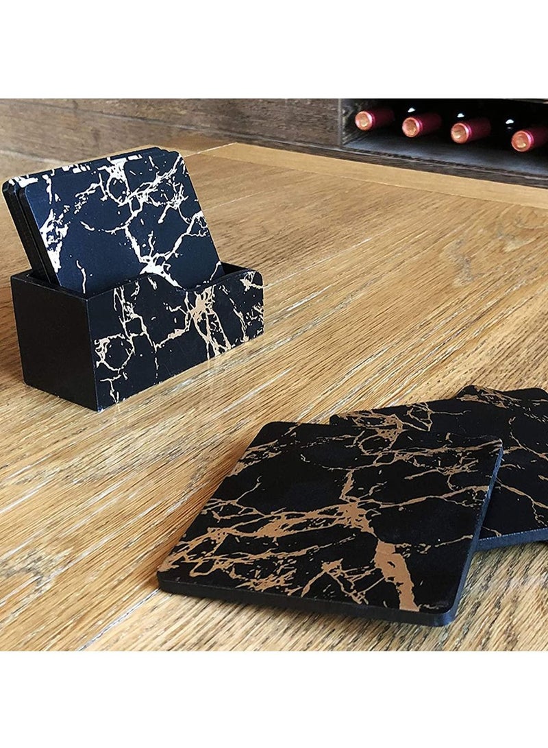 FFD Elegant 100% Wooden Coasters Set of 6 - Marble-Shaped Drink Protectors for Coffee, Mugs, & Glasses with Stylish Holder (Black) - Perfect Dining Table & Party Accessories!"  - Image 1