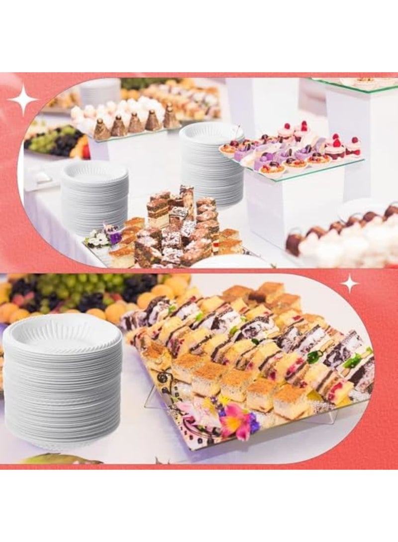 SYOSI أطباق ورقية صغيرة - أطباق كعك وحلويات بيضاء ذات استخدام ثقيل، أدوات تقديم دائرية غير مطلية للمقبلات لحفلات الزفاف، التخرج، حفلات عيد الميلاد، والعطلات (50 حزمة، 4 بوصة، بيضاء) - Image 5