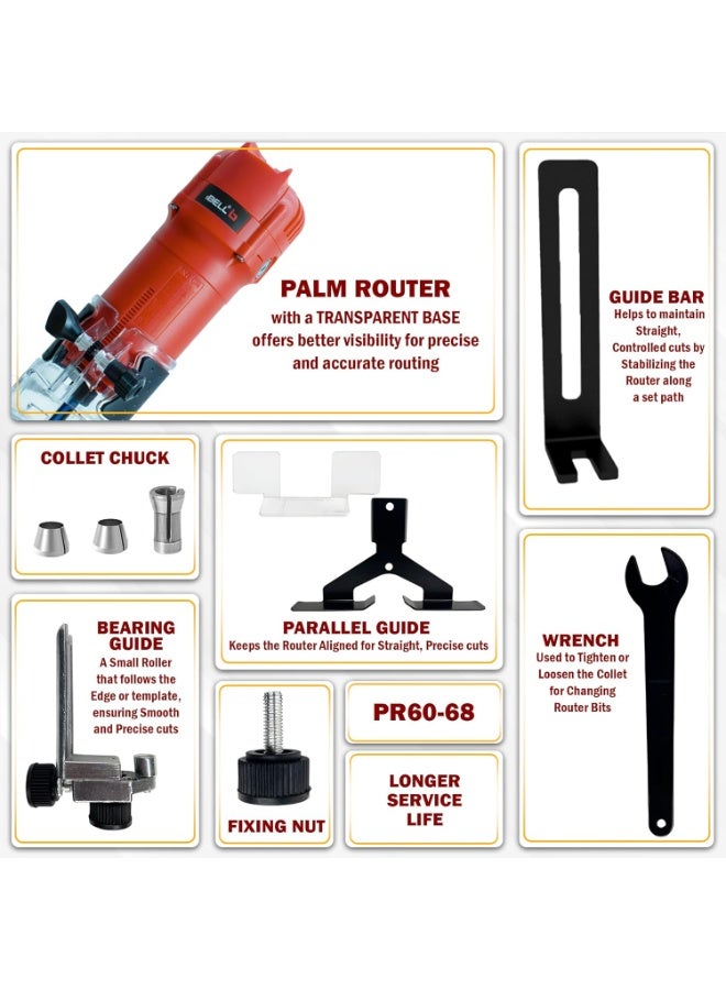 آي بيل IBELL PR60-68 Professional Palm Router – 650W, 32000RPM, 6/6.35/8mm Collet for Precision Wood working - Image 2