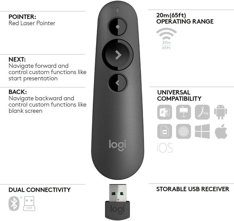 Logitech R500 Laser Presentation Remote Clicker with Dual Connectivity Bluetooth or USB for Powerpoint, Keynote, Google Slides, Wireless Presenter (Renewed) - Image 4