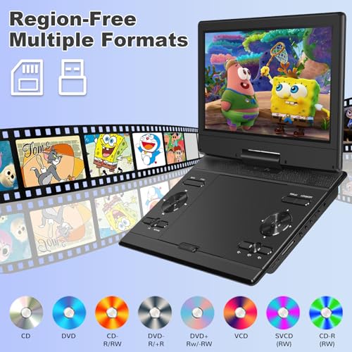 BOKYOK 14.5" Portable DVD Player with 12.1’’ HD Swivel Screen, 3-5Hrs Play, DVD Player Portable with Dual Stereo Speaker, Last Memory, Support SYNC TV/USB/SD Card, Play All Discs Format - Image 4