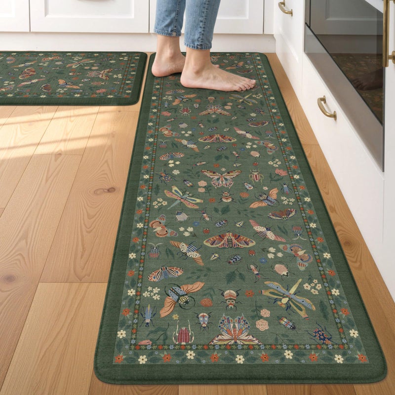 LEEVAN Anti Fatigue Mats for Kitchen Floor Non-Slip, Cushioned Kitchen Mats for Floor 17.3''x29''+17.3''x59'', Green Memory Foam Kitchen Mat Set - Image 1