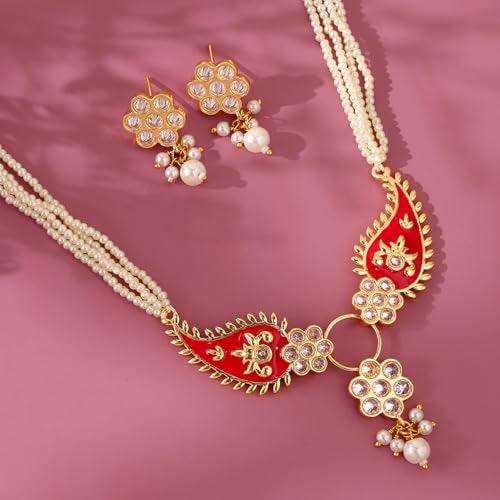 VOYLLA Gota Patti Phoolmoti Haar Necklace Set For Women, Gold Jewellery Set, Gift For Women & Girls, Enamelled Jewellery, Festive, Puja, Wedding, Gifting - Image 2