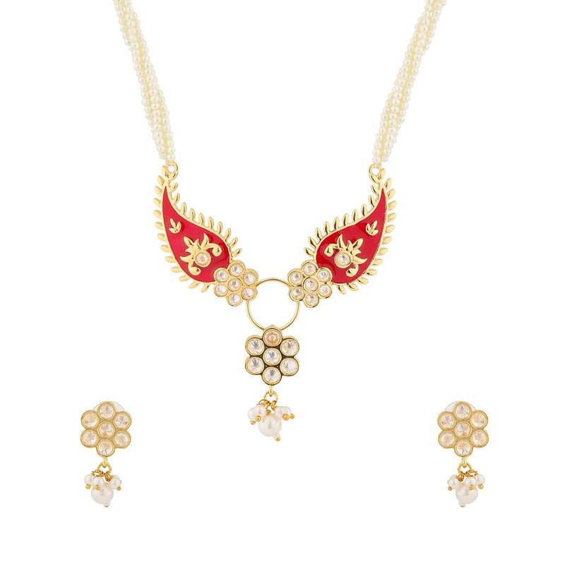 VOYLLA Gota Patti Phoolmoti Haar Necklace Set For Women, Gold Jewellery Set, Gift For Women & Girls, Enamelled Jewellery, Festive, Puja, Wedding, Gifting - Image 4