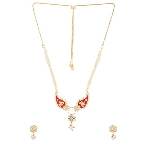 VOYLLA Gota Patti Phoolmoti Haar Necklace Set For Women, Gold Jewellery Set, Gift For Women & Girls, Enamelled Jewellery, Festive, Puja, Wedding, Gifting - Image 5