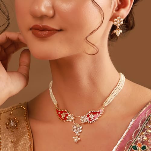VOYLLA Gota Patti Phoolmoti Haar Necklace Set For Women, Gold Jewellery Set, Gift For Women & Girls, Enamelled Jewellery, Festive, Puja, Wedding, Gifting - Image 3