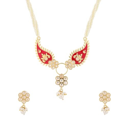 VOYLLA Gota Patti Phoolmoti Haar Necklace Set For Women, Gold Jewellery Set, Gift For Women & Girls, Enamelled Jewellery, Festive, Puja, Wedding, Gifting - Image 1