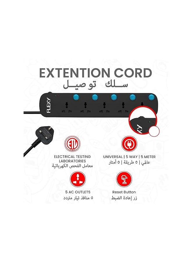 Flexy FLEXY 5 Meter 5-Way Extension Cord Socket with Surge Protection, Auto-Detect Wire Connection, Green Lamp Indicator, and EMI/RFI Noise Filter for Secure and Efficient Use  - Image 5