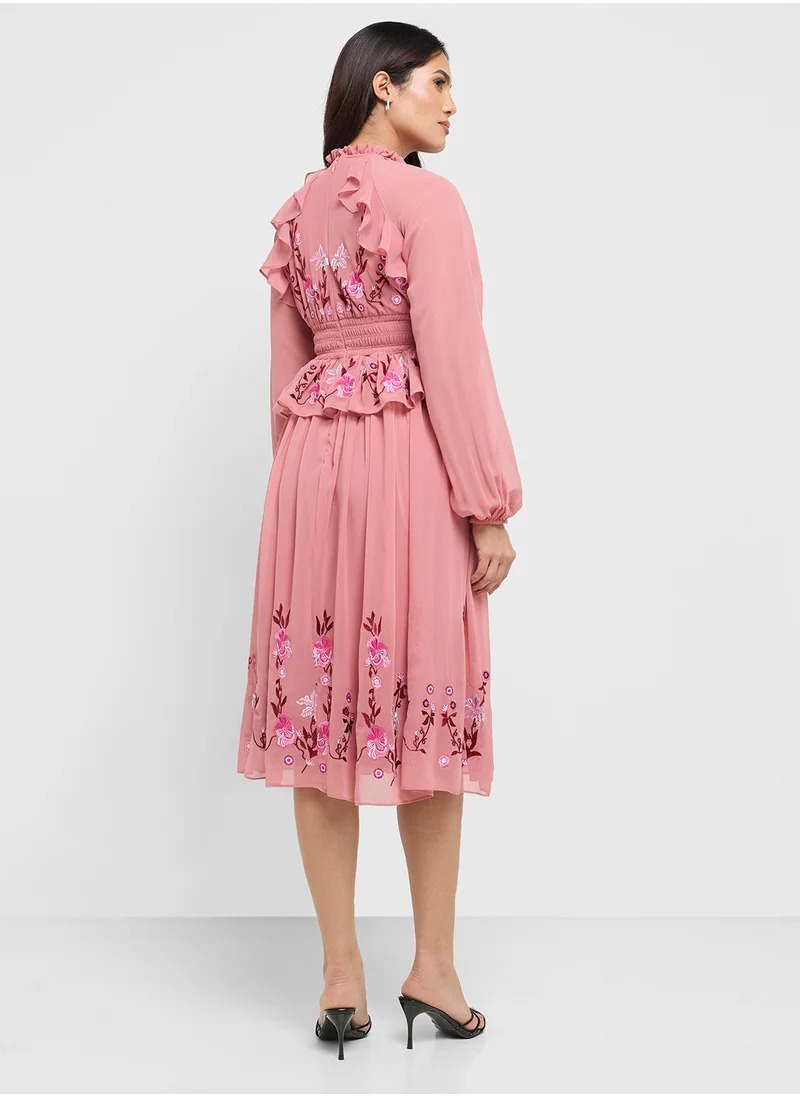 فروك اند فرل Pleated Embellished Mesh Detail Midi Dress