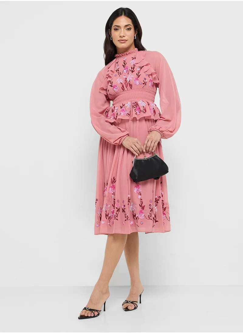 فروك اند فرل Pleated Embellished Mesh Detail Midi Dress