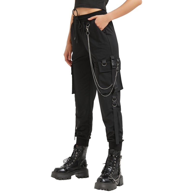 MEINVQIAOTI Black Cargo Pants for Women Techwear Women Loose Street Rock Style Casual Black Pants with Chain Goth Pants (Black,S) - Image 1
