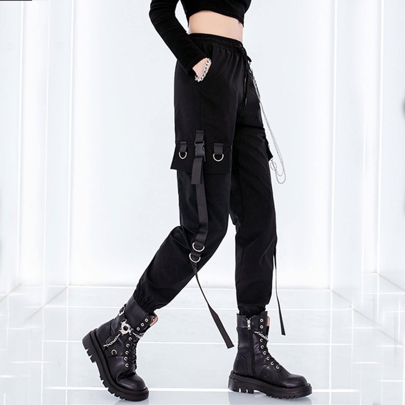 MEINVQIAOTI Black Cargo Pants for Women Techwear Women Loose Street Rock Style Casual Black Pants with Chain Goth Pants (Black,S) - Image 2