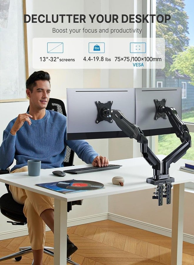 HUANUO Dual Monitor Stand - Adjustable Gas Spring Monitor Desk Mount VESA Bracket with C Clamp, Grommet Mounting Base for 13 to 27 Inch Computer Screens - Each Arm Holds 4.4 to 14.3lbs - Image 2