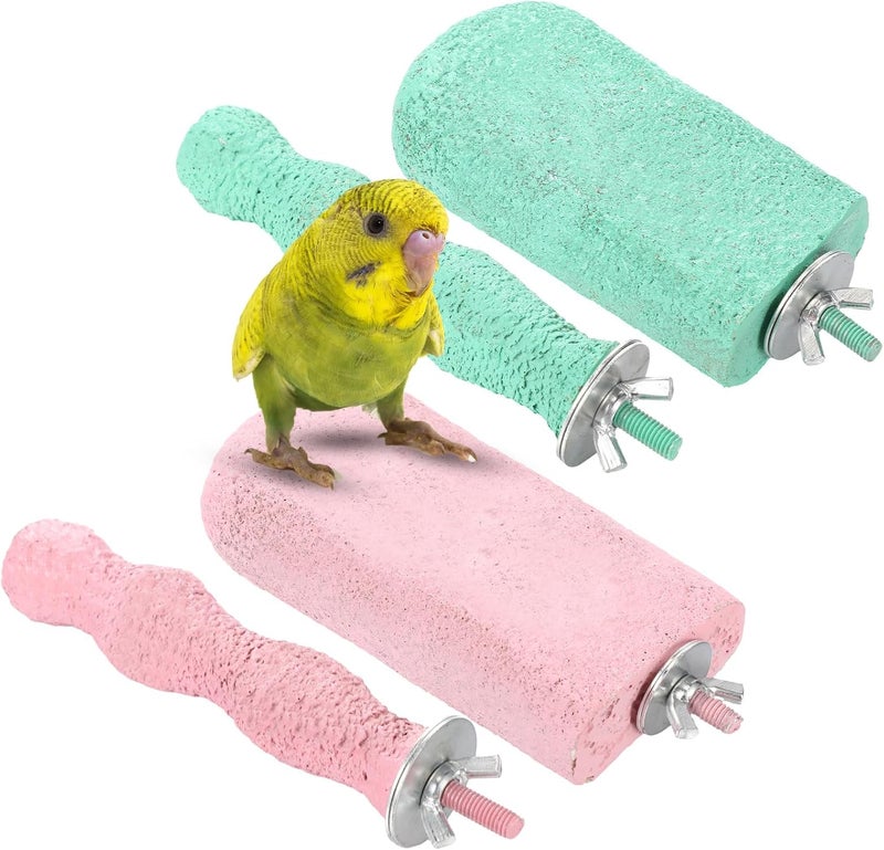 Soulchen 4 Pcs Bird Beak Grinding Calcium Stone Perches Parrot Teeth Mouth Molar Cage Accessories Platform Paw Grinding Sticks Jumping Stand for Macaws Parakeets Finches Cockatiel(Green,Pink) - Image 1