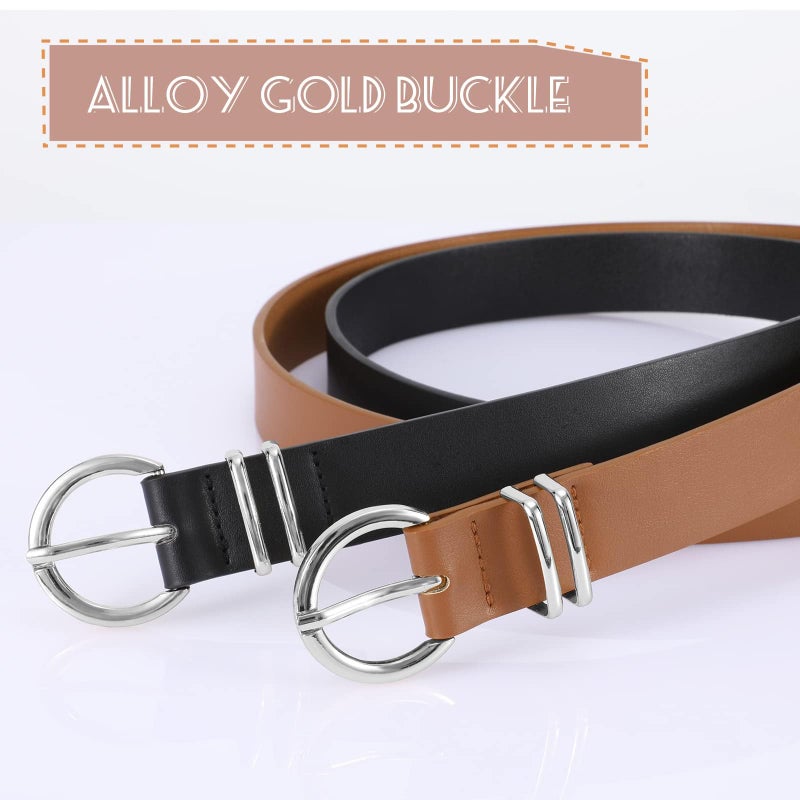 VONMELLI 2 Pack Women's Leather Belts for Jeans Pants Fashion Silver Buckle Ladies Belt Black Brown M - Image 2