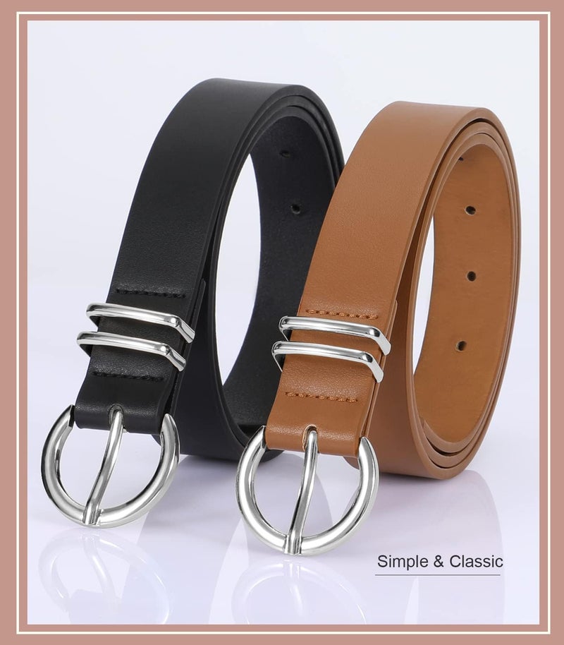 VONMELLI 2 Pack Women's Leather Belts for Jeans Pants Fashion Silver Buckle Ladies Belt Black Brown M - Image 5