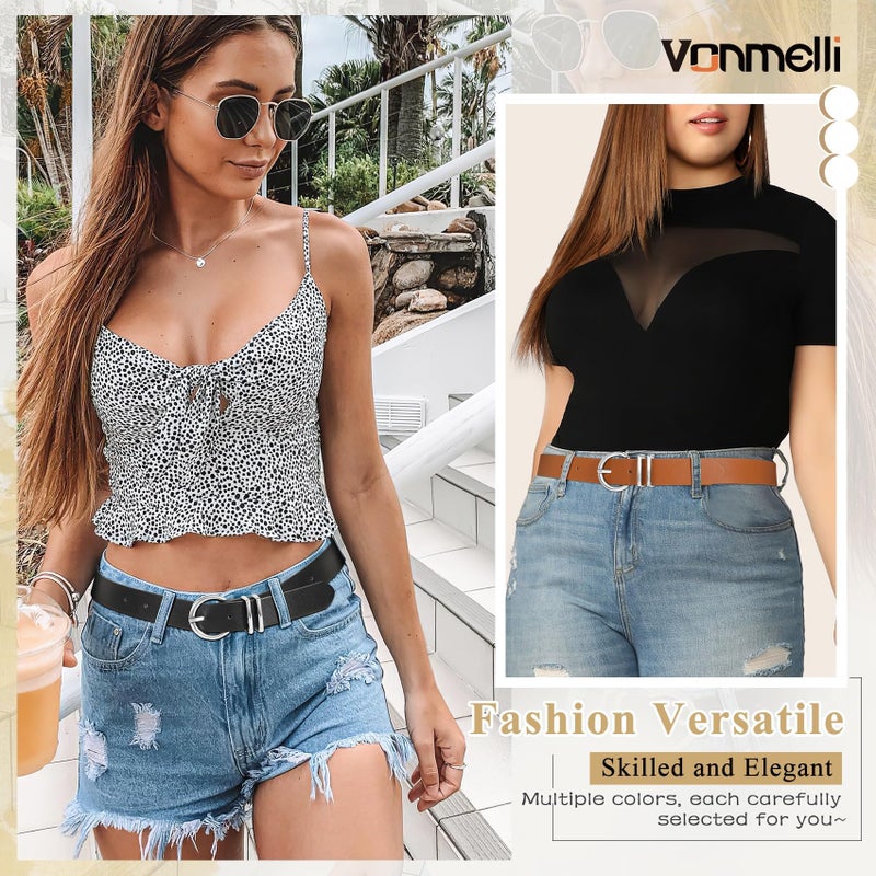 VONMELLI 2 Pack Women's Leather Belts for Jeans Pants Fashion Silver Buckle Ladies Belt Black Brown M - Image 4