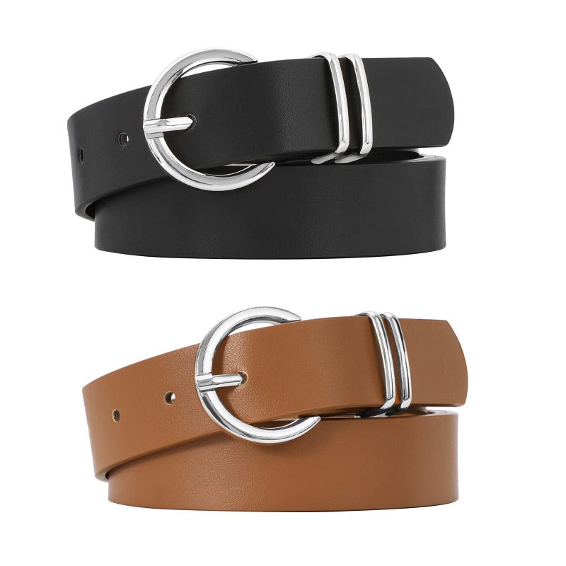 VONMELLI 2 Pack Women's Leather Belts for Jeans Pants Fashion Silver Buckle Ladies Belt Black Brown M - Image 1