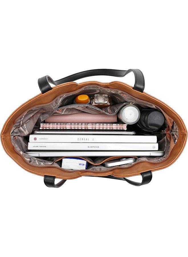 INOVERA (LABEL) Faux Leather Large Capacity Handbags Shoulder Bag With Zip Top Handle Satchel Purse For Women (Brown) - Image 4