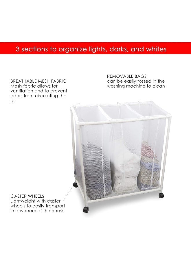Home Basics Mesh Triple Laundry Sorter with Wheels - White - Image 2