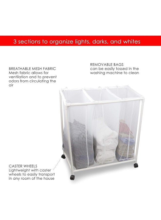 Home Basics Mesh Triple Laundry Sorter with Wheels - White - Image 3