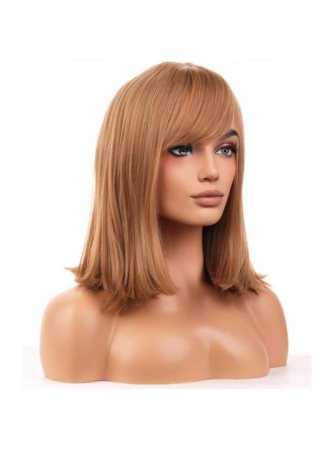 بيرون باروكة شعر مستعار أشقر فراولة للنساء من بيرون، باروكة شعر مستعار قصيرة مستقيمة مع غرة جانبية، بطول متوسط 14 بوصة، باروكة شعر صناعي لزي الهالوين لحفلات التنكر أو للاستخدام اليومي - Image 3