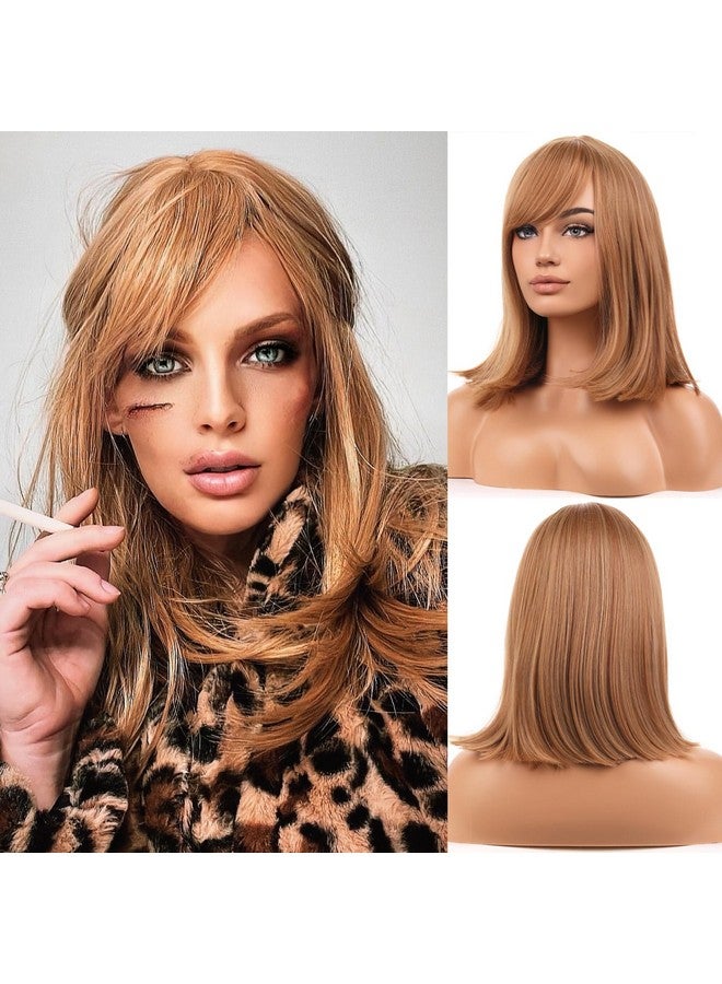 بيرون باروكة شعر مستعار أشقر فراولة للنساء من بيرون، باروكة شعر مستعار قصيرة مستقيمة مع غرة جانبية، بطول متوسط 14 بوصة، باروكة شعر صناعي لزي الهالوين لحفلات التنكر أو للاستخدام اليومي - Image 1