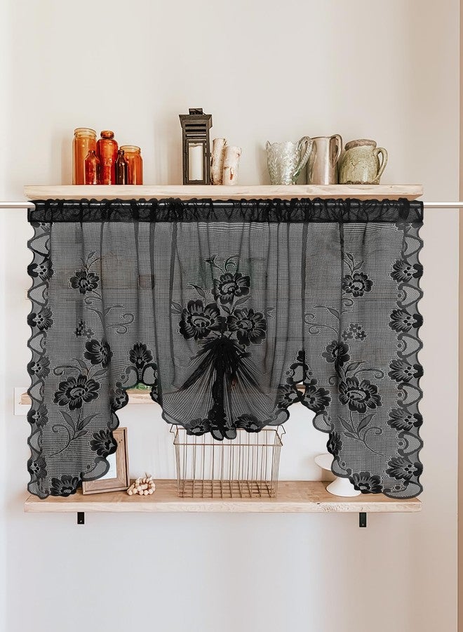 Jayla Black Semi-Sheer Floral Lace Curtain Swag for Kitchen Half Window Bathroom Decoration Rod Pocket,39 x 39 Inch, 1 Panel - Image 3