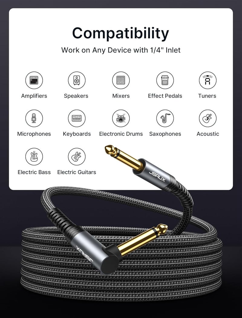 jsaux ® 9.8ft 6.35mm to 6.35mm Audio Cable, 3M Right Angle Connection Durable Nylon Braided Cable, Pure Sound, Compatible With Amps, Electric Bass & Guitars, Speakers, Keyboards, Mixers, Grey - Image 4