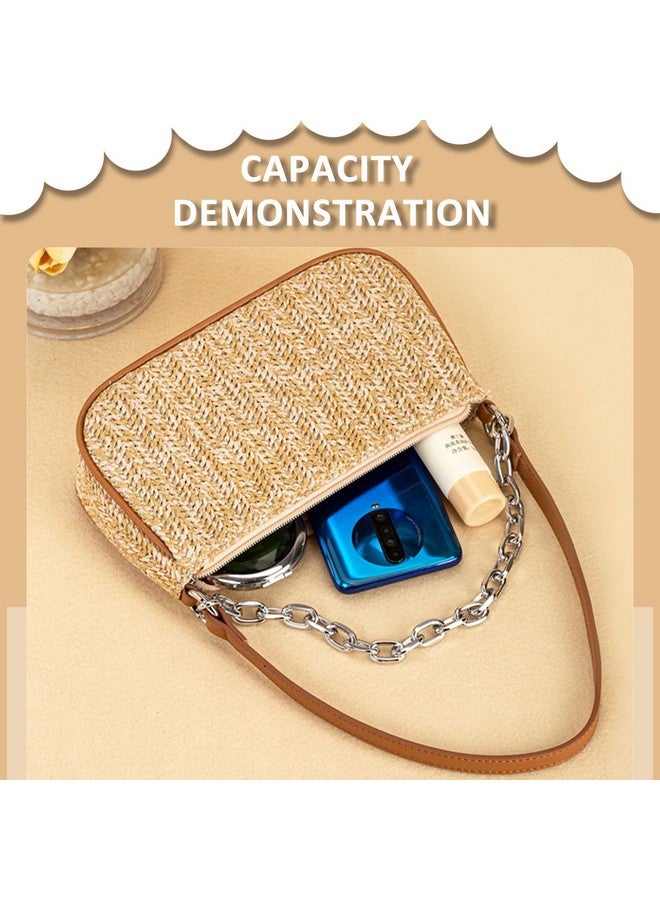 QTKJ Straw Bag, Beach Bag, Hand-Woven Soft Handbag Underarm Bag With Decorative Chain, Bohemian Summer Bag Suitable for Vacation Travel Daily(Khaki) - Image 2