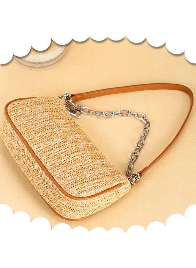 QTKJ Straw Bag, Beach Bag, Hand-Woven Soft Handbag Underarm Bag With Decorative Chain, Bohemian Summer Bag Suitable for Vacation Travel Daily(Khaki) - Image 4