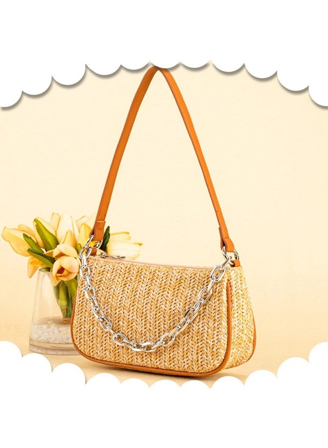 QTKJ Straw Bag, Beach Bag, Hand-Woven Soft Handbag Underarm Bag With Decorative Chain, Bohemian Summer Bag Suitable for Vacation Travel Daily(Khaki) - Image 3