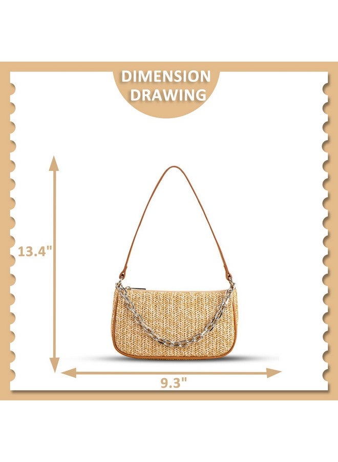 QTKJ Straw Bag, Beach Bag, Hand-Woven Soft Handbag Underarm Bag With Decorative Chain, Bohemian Summer Bag Suitable for Vacation Travel Daily(Khaki) - Image 1