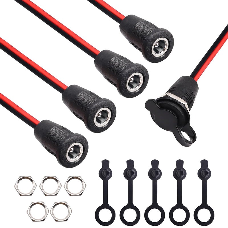 weideer 5Pcs 10A DC-099 DC Power Jack Cord Socket 5.5x2.1MM Threaded Female Mount Connector Adapter with 15CM 20AWG Pre-soldered Wires Waterproof Cover Cap K-078 - Image 1