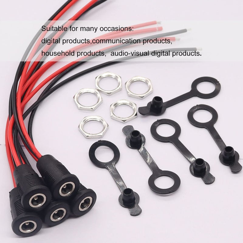 weideer 5Pcs 10A DC-099 DC Power Jack Cord Socket 5.5x2.1MM Threaded Female Mount Connector Adapter with 15CM 20AWG Pre-soldered Wires Waterproof Cover Cap K-078 - Image 4