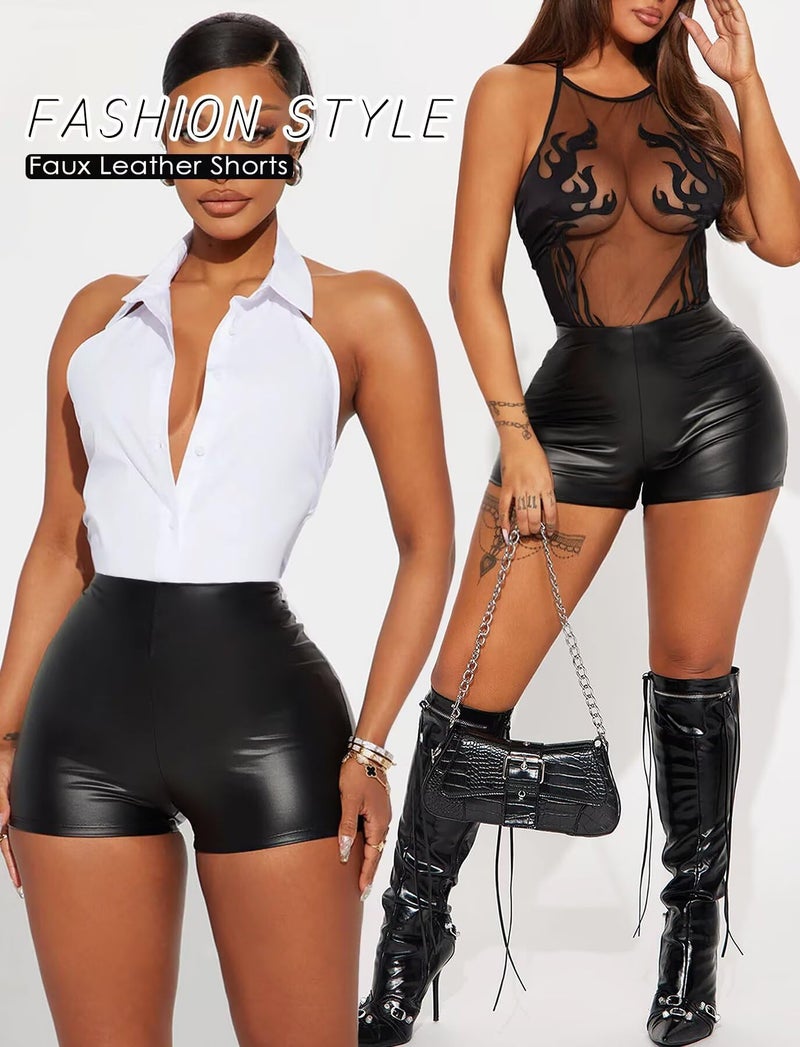 TZLDN Black Leather Shorts for Women High Waisted Sexy Mini Shorts Casual Pleather Pu Faux Leather Hot Pants Black - Small - Image 3