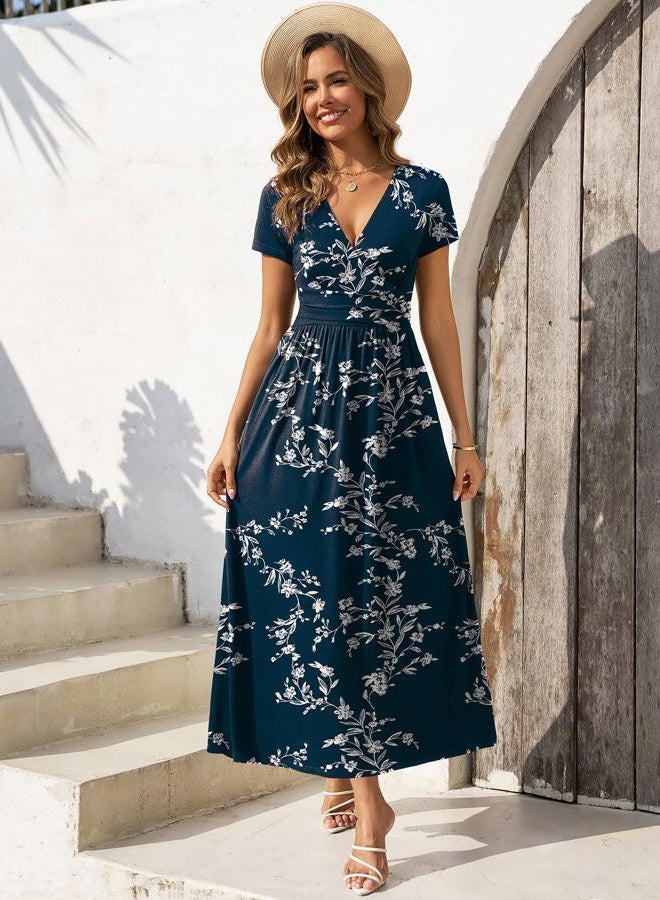 Gracyoga Women's Summer Dresses 2025 Short Sleeve Maxi Dress Casual V Neck Flowy Sundress with Pockets, White Flower Navy, XL - Image 3