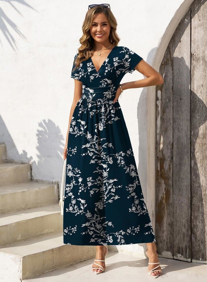 Gracyoga Women's Summer Dresses 2025 Short Sleeve Maxi Dress Casual V Neck Flowy Sundress with Pockets, White Flower Navy, XL - Image 5