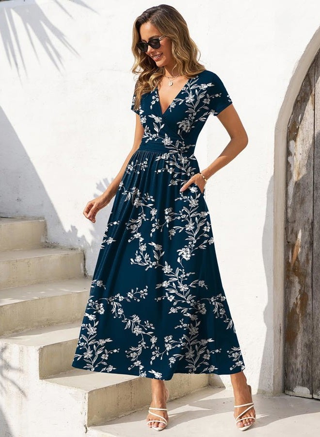 Gracyoga Women's Summer Dresses 2025 Short Sleeve Maxi Dress Casual V Neck Flowy Sundress with Pockets, White Flower Navy, XL - Image 2