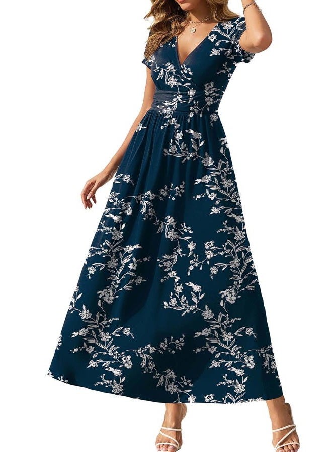 Gracyoga Women's Summer Dresses 2025 Short Sleeve Maxi Dress Casual V Neck Flowy Sundress with Pockets, White Flower Navy, XL - Image 1